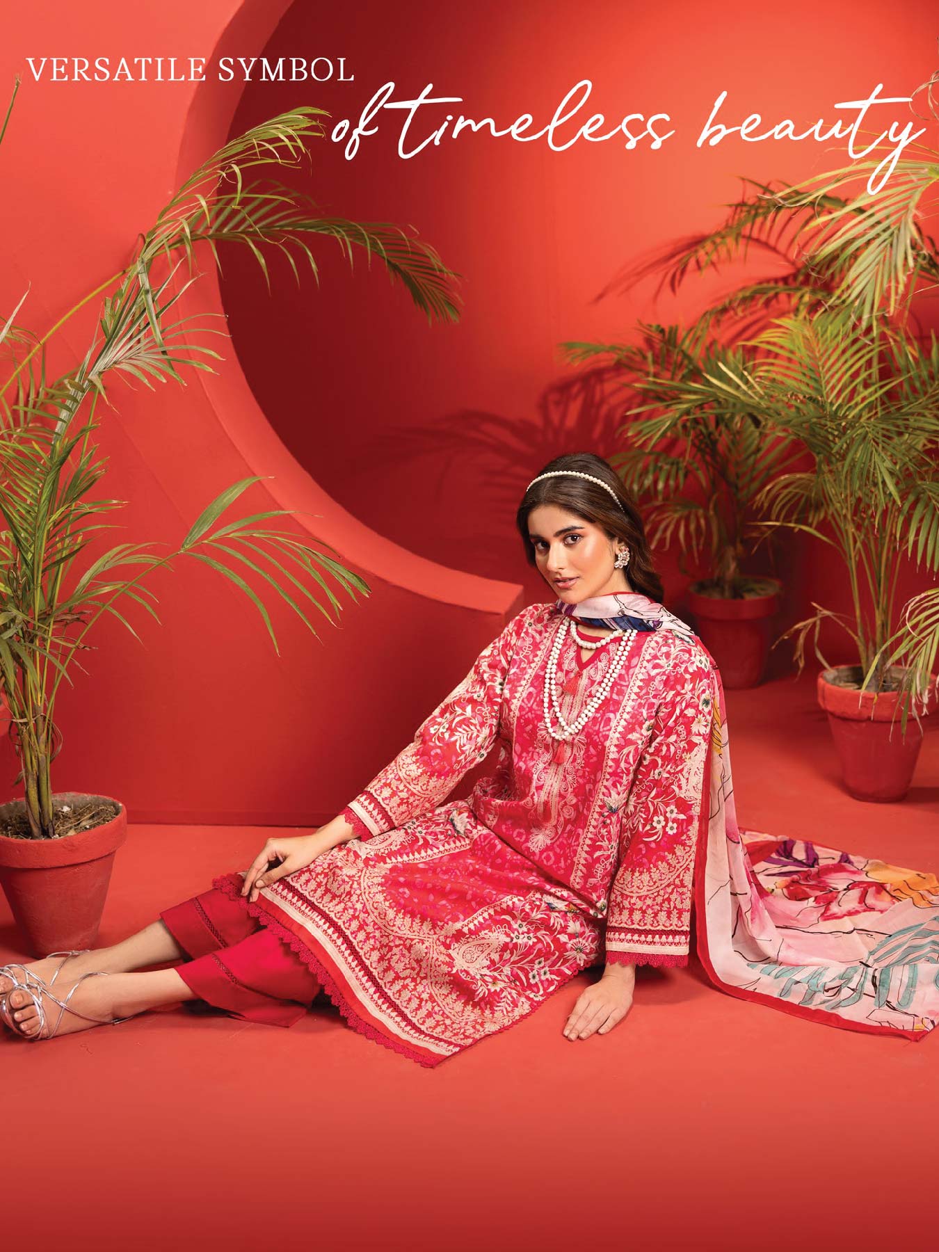 Crimson Bloom – Unstitched Red 3-Piece Lawn Suit with Abstract Bamber Dupatta (Summer '25)