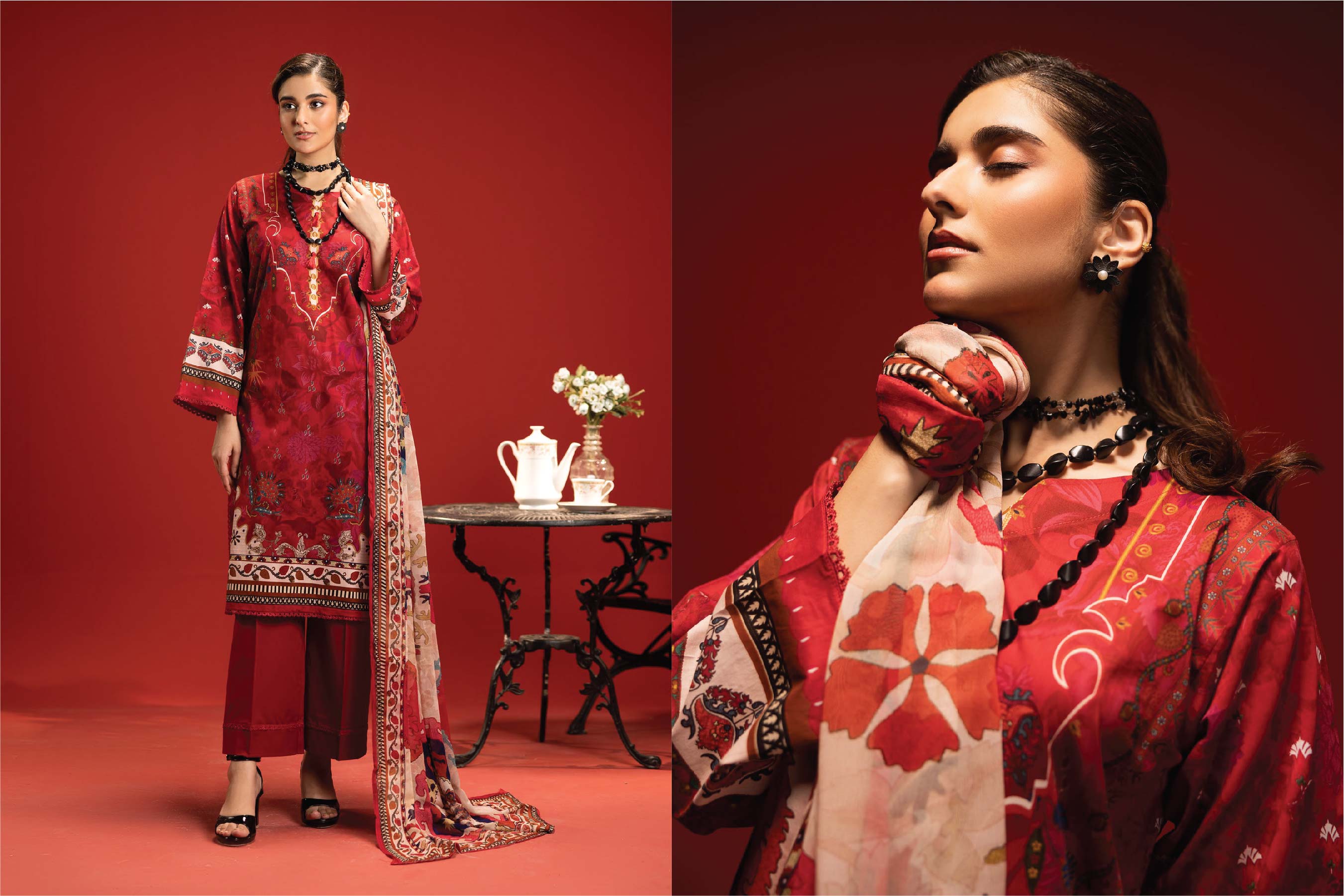 Crimson Heritage Lawn Suit – Luxury Unstitched 3-Piece with Bamber Dupatta (Summer ’25)