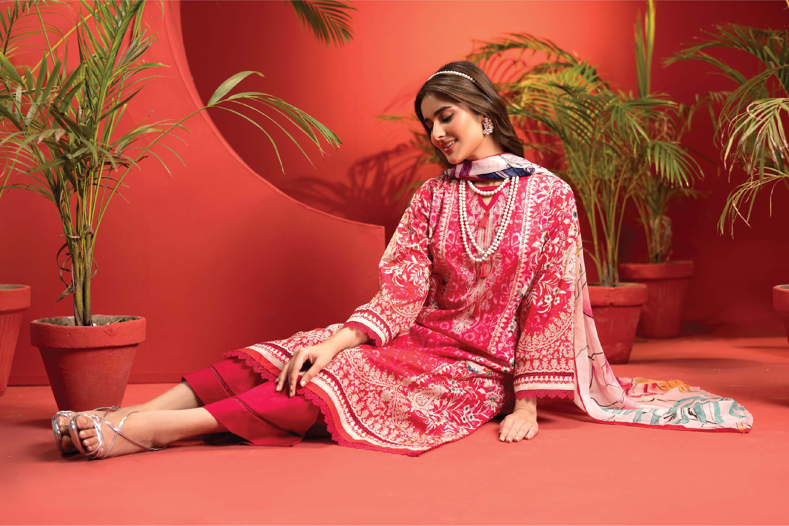 Crimson Bloom – Unstitched Red 3-Piece Lawn Suit with Abstract Bamber Dupatta (Summer '25)
