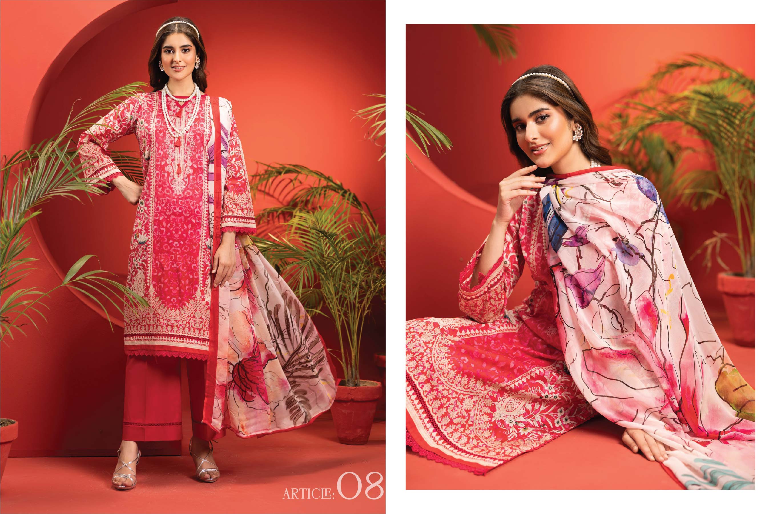 Crimson Bloom – Unstitched Red 3-Piece Lawn Suit with Abstract Bamber Dupatta (Summer '25)
